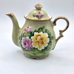 Vintage Floral Teapot, Beautiful Green Floral Design With Gold Trim JAPAN